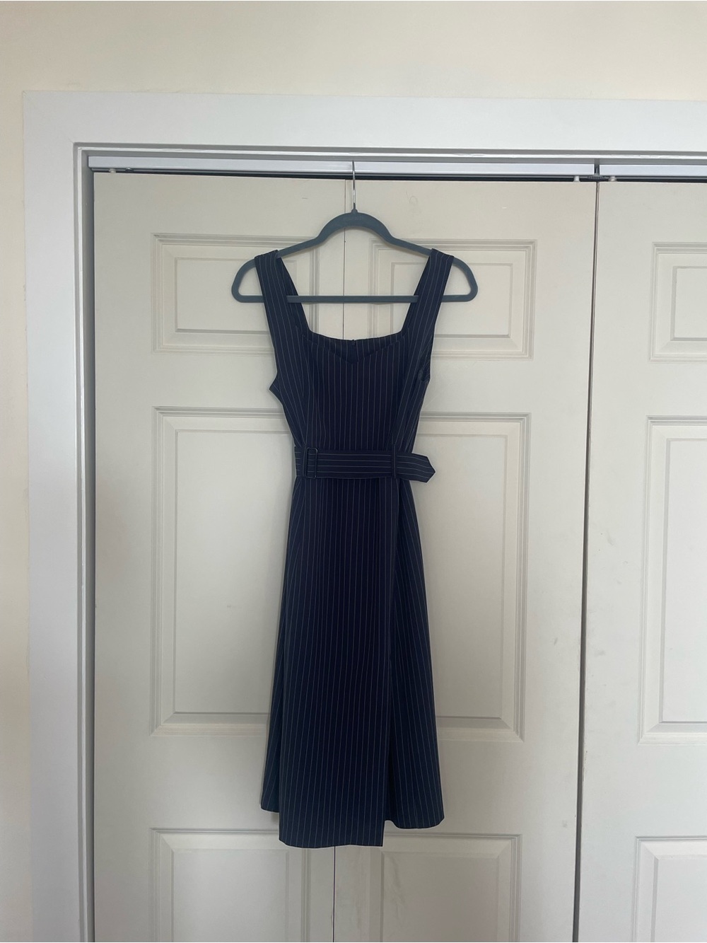 Banana Republic Navy Pinstripe Midi Dress with Belt